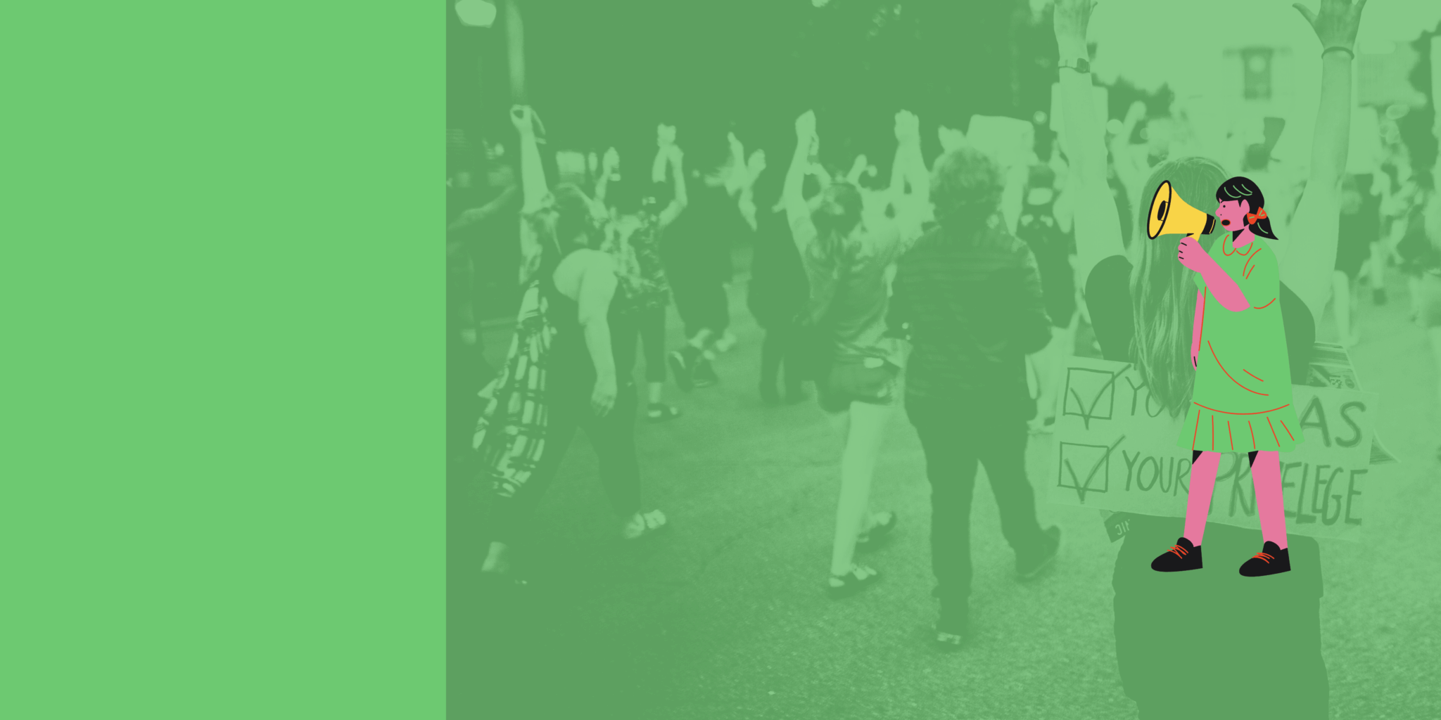 Graphic of a young person shouting into a megaphone over a green background with the light impression of a crowd protesting.