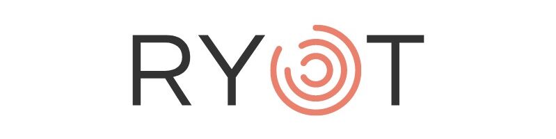 RYOT Network logo. White background with the name of the network in black capital letters except the O which is an three orange circle within each other with small breaks in them.