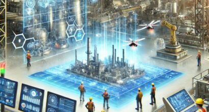 Tekoälyn luoma kuva teollisesta metaversumista. Keskellä lisätyn todellisuuden avulla luotu kuva teollisuusalueesta. Ympärillä työtekijöitä ja ohjauspöytiä.