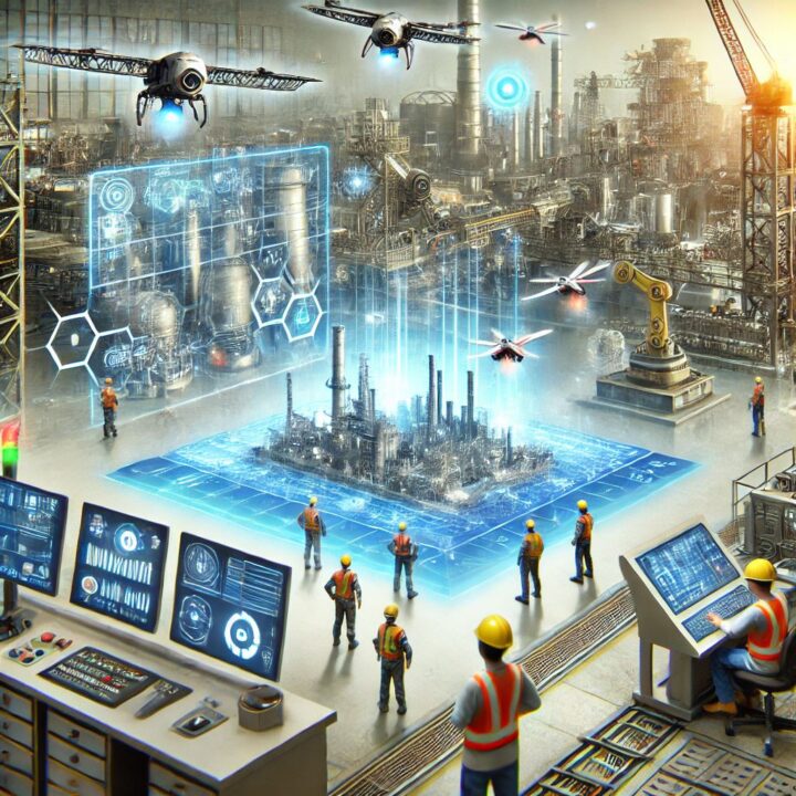 Tekoälyn luoma kuva teollisesta metaversumista. Keskellä lisätyn todellisuuden avulla luotu kuva teollisuusalueesta. Ympärillä työtekijöitä ja ohjauspöytiä.