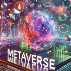 Abstrakti, geometrisiä kuvioita sisältävä kuva, jonka alaosassa lukee Metaverse.