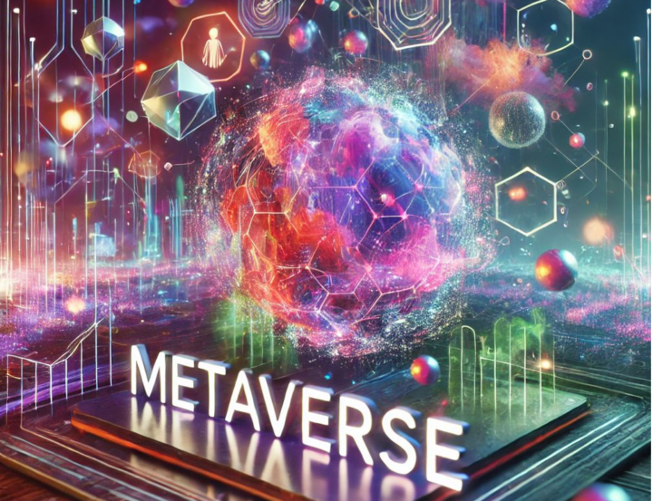 Abstrakti, geometrisiä kuvioita sisältävä kuva, jonka alaosassa lukee Metaverse.