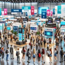 Tekoälyn luoma kuva yritysmessuista ja messuja kiertelevistä opiskelijoista