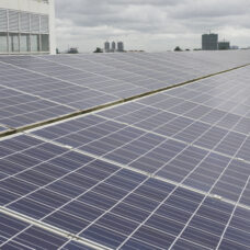 Solar panels on a cloudy day.