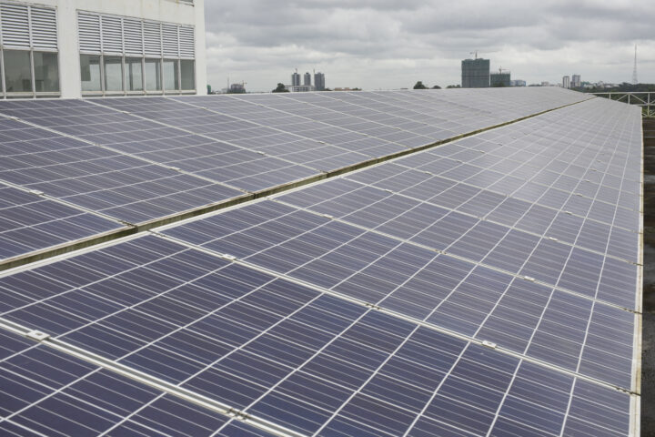 Solar panels on a cloudy day.