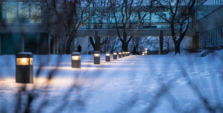 A snowy view of the University Hill with lightposts.