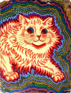 Pyskedeelinen kissamaalaus. Taiteilija: Louis Wain, 1900-luvun alkupuolisko.
