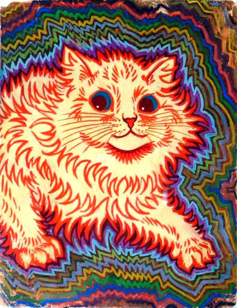 Pyskedeelinen kissamaalaus. Taiteilija: Louis Wain, 1900-luvun alkupuolisko.