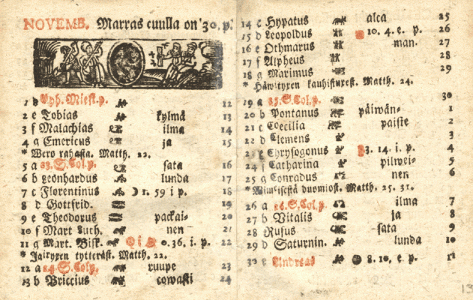 Marraskuun aukeama vuoden 1738 almanakassa. Kuva: Yliopiston almanakkatoimisto.