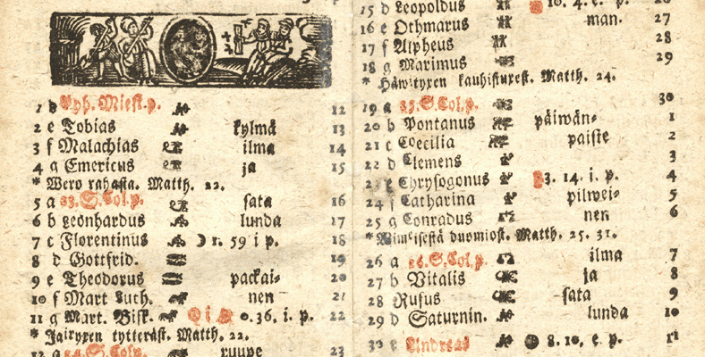 Marraskuun aukeama vuoden 1738 almanakassa. Kuva: Yliopiston almanakkatoimisto.