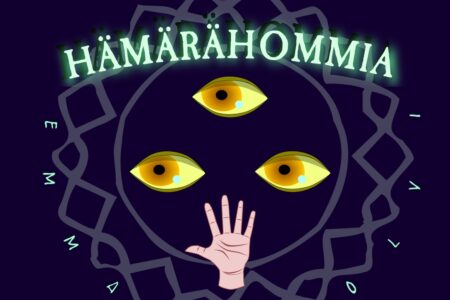 Teksti hämärähommia, kolme silmää ja käsi.