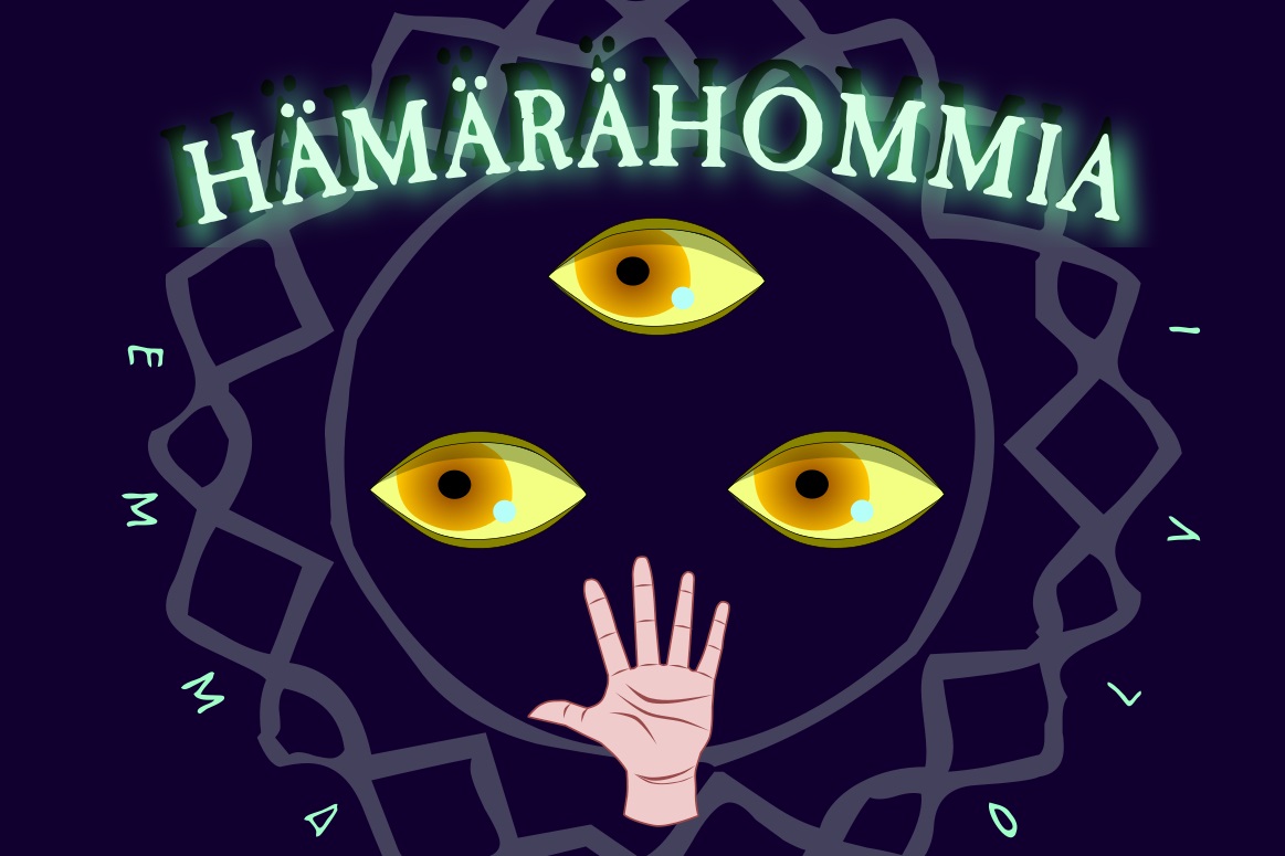 Teksti hämärähommia, kolme silmää ja käsi.