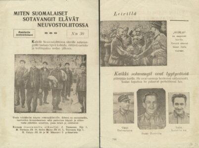 Kaksipuolisessa kuvitetussa lentolehtisessä on viisi valokuvaa ja niiden ympärillä tekstiä. Kahdessa kuvassa on ryhmä suomalaisiin univormuihin pukeutuneita hymyileviä miesoletettuja. Toisessa kuusihenkinen joukko on kulkemassa johonkin ja toisessa kaksi henkilöä kättelee kahdeksan seuratessa taustalla. Kolme kuvaa on henkilökuvia yksittäisistä hymyilevistä henkilöistä.