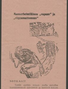 Vaaleanpunasävyiselle paperille painetussa lentolehtisessä on pilapiirros ja sen alla tekstiä. Pilapiirroksessa Mannerheimiksi tunnistettavissa oleva pääkallokasvoinen hahmo kantaa kädessään palavaa soihtua ja johdattaa köytettyä joukkoa siviilejä perässään. Siviilien vierellä kävelee sotilas, joka osoittaa köytettyjä hahmoja pistoolilla. Taustalla näkyy palavia taloja ja sotilas, jolla on soihtu kädessään. Kuvan alla on suomenkielistä tekstiä.