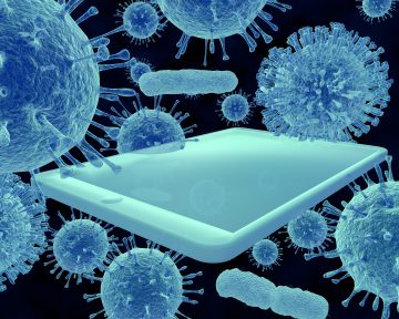 A 3-D illustration depicting viruses and bacteria on and around a cellular phone