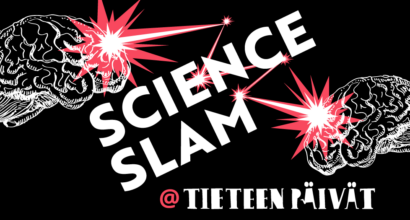 Science Slam @ Tieteen päivät. Kuvassa mustalla taustalla piirretyt aivot, joiden välillä energiasäde.