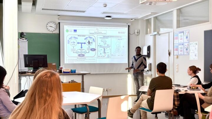 Frank b. Chimaimba presenting his PhD research concept during Doctoral school-Finnish Geography Day 2024