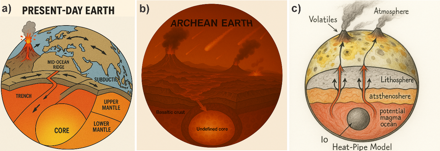 Figure 1. a) A general scheme of present-day Plate Tectonics. b) An image of how the Earth used to look like in the Archean. c) A sketch of the Io Moon dynamics. All images in this figure where created giving commands to ChatGPT.