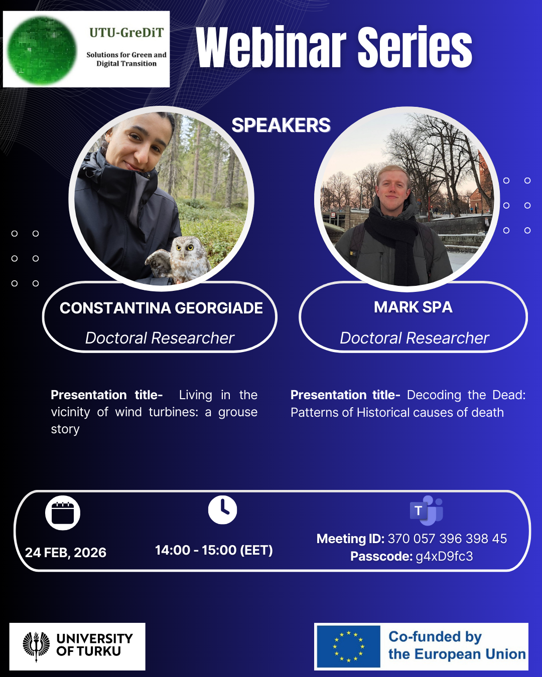 Advertisement for webinar with pictures of fellows and the talk names