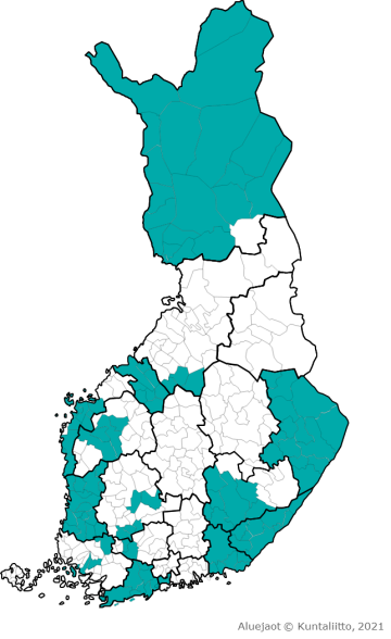 Voimaperheet-kunnat Suomen kartalle merkittyinä vuonna 2021
